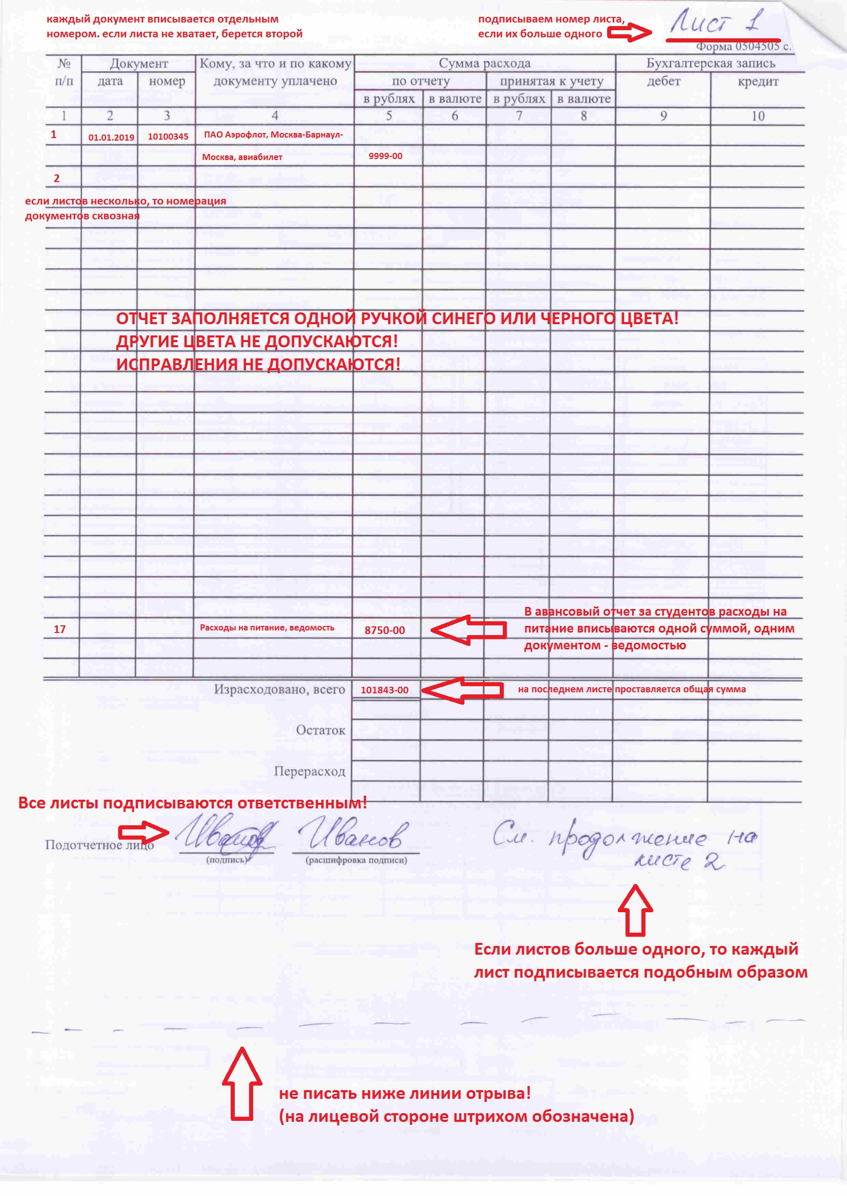 Образец заполнения авансового отчета 0504505