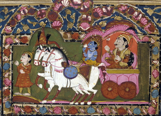 Кришна и Арджун на колеснице, Махабхарата, картина 18-19 века, Индия.