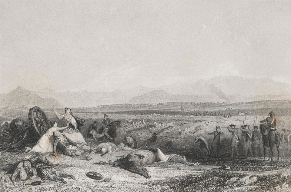 Две женщины умоляют Королевских солдат прекратить стрелять по раненым повстанцам. Гравюра, 1830